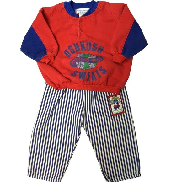 VTG OSHKOSH B'GOSH Toddler Outfit 18M Red Sweatshirt Stripe Pants Set USA VBC - Picture 1 of 8